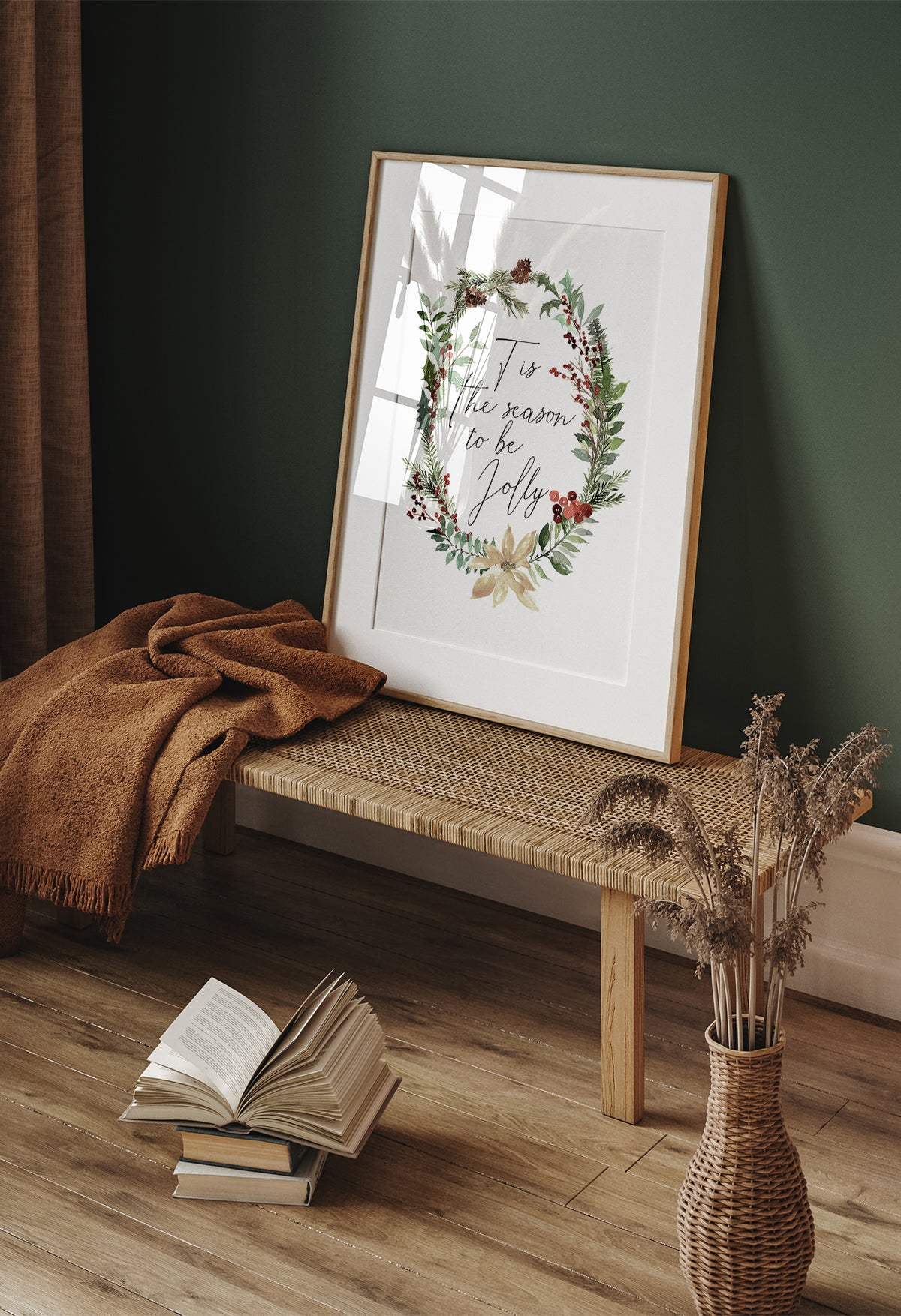 Watercolor Christmas wreath wall decor with pine and berries
