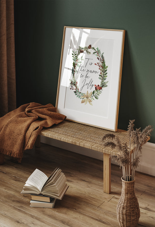 Watercolor Christmas wreath wall decor with pine and berries