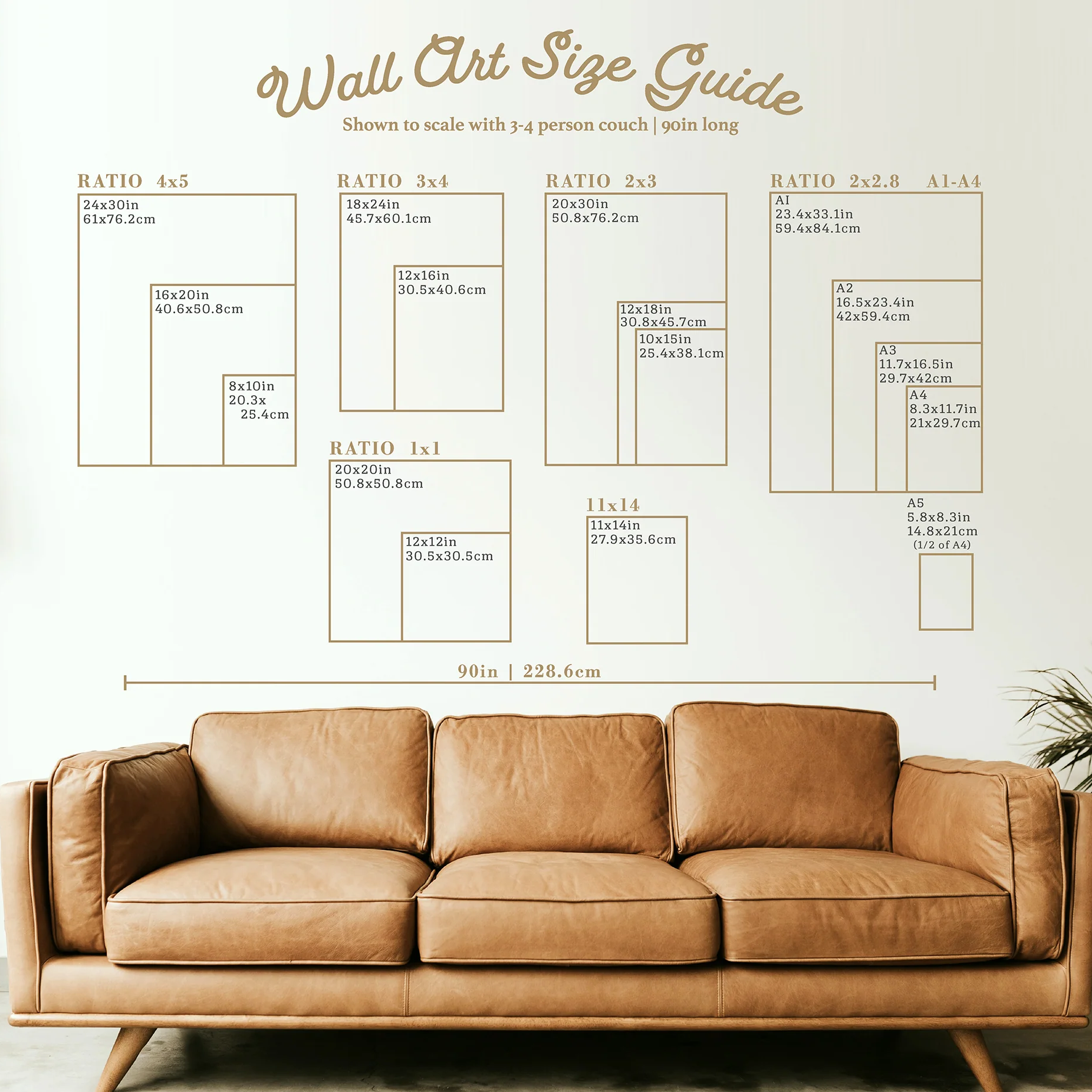 A wall art size guide poster showing various rectangular wall art dimensions with text labels and a brown leather sofa below for scale reference.