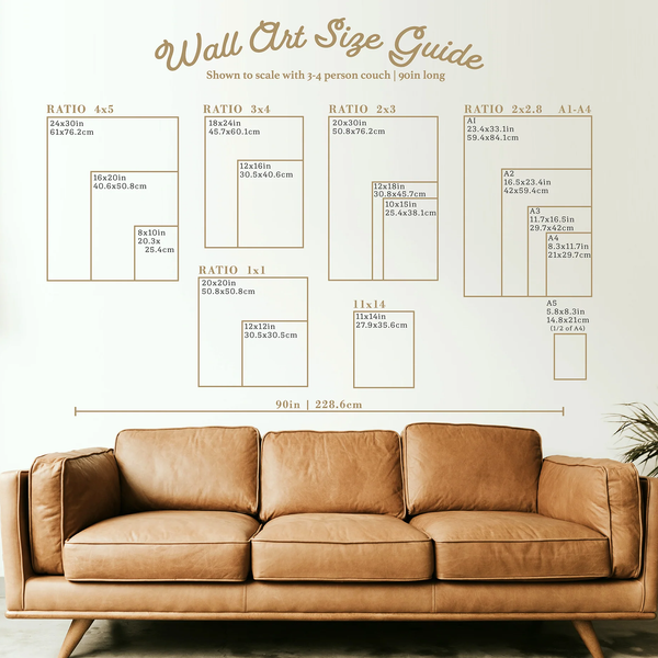 A wall art size guide poster showing various rectangular wall art dimensions with text labels and a brown leather sofa below for scale reference.