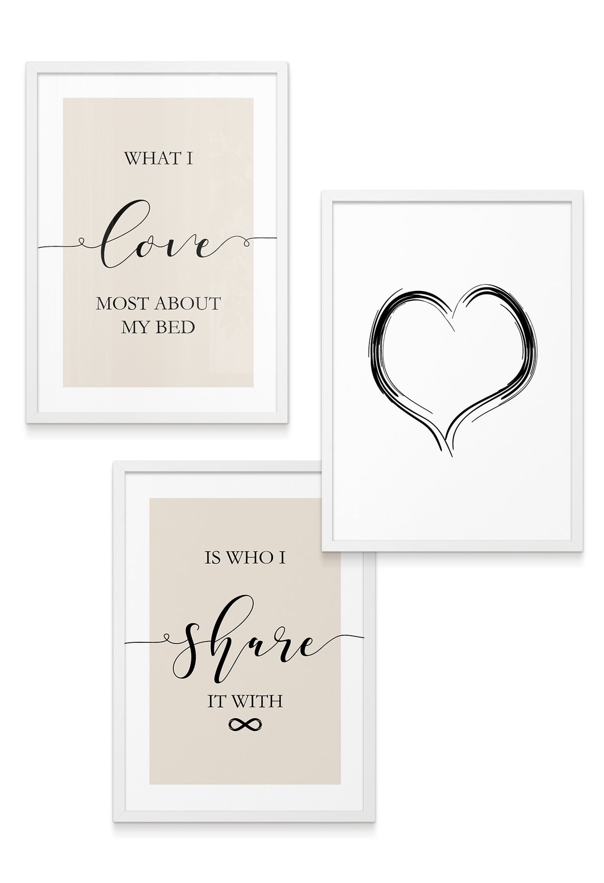 white framed set of 3 black and beige bedroom wall art prints