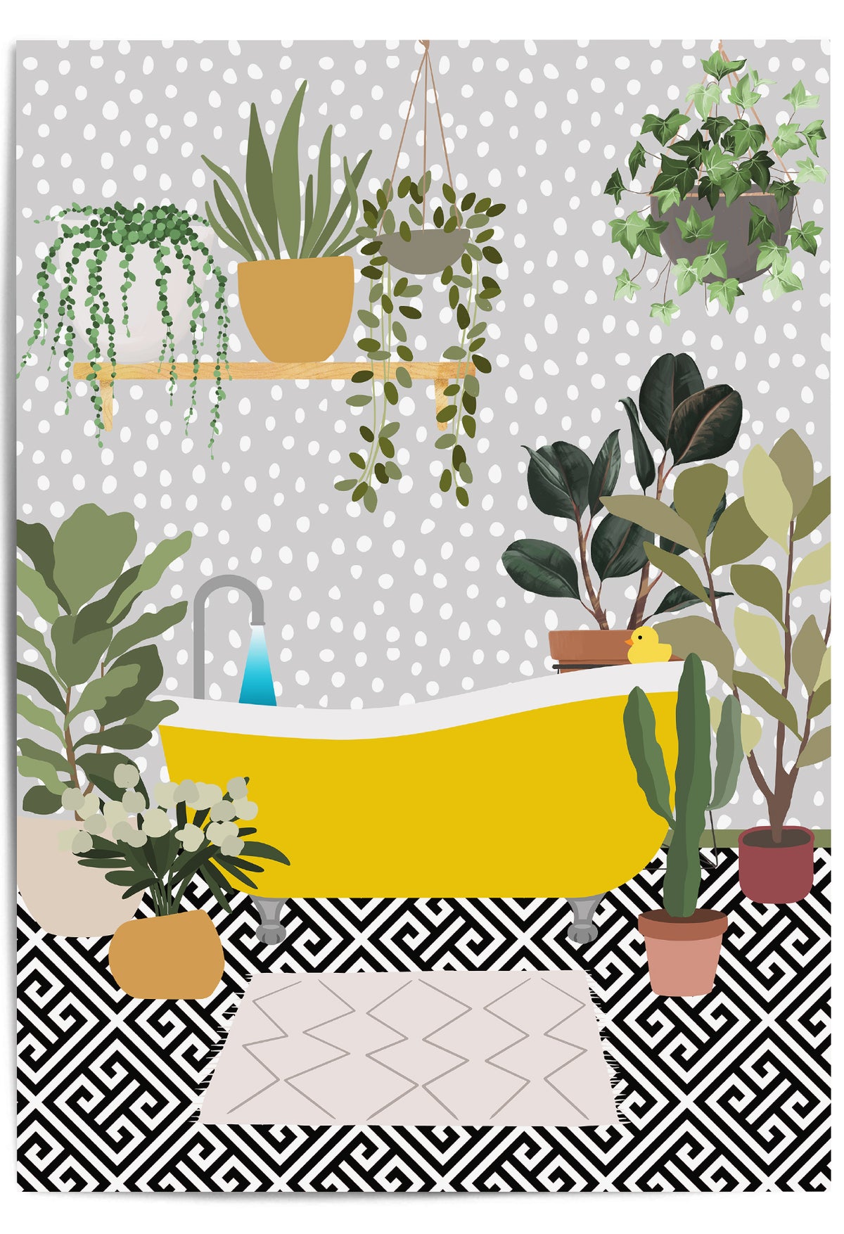 Colorful illustrated bathroom print with yellow clawfoot tub and indoor plants on a grey dotted wall background