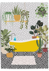 Colorful illustrated bathroom print with yellow clawfoot tub and indoor plants on a grey dotted wall background