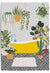 Colorful illustrated bathroom print with yellow clawfoot tub and indoor plants on a grey dotted wall background