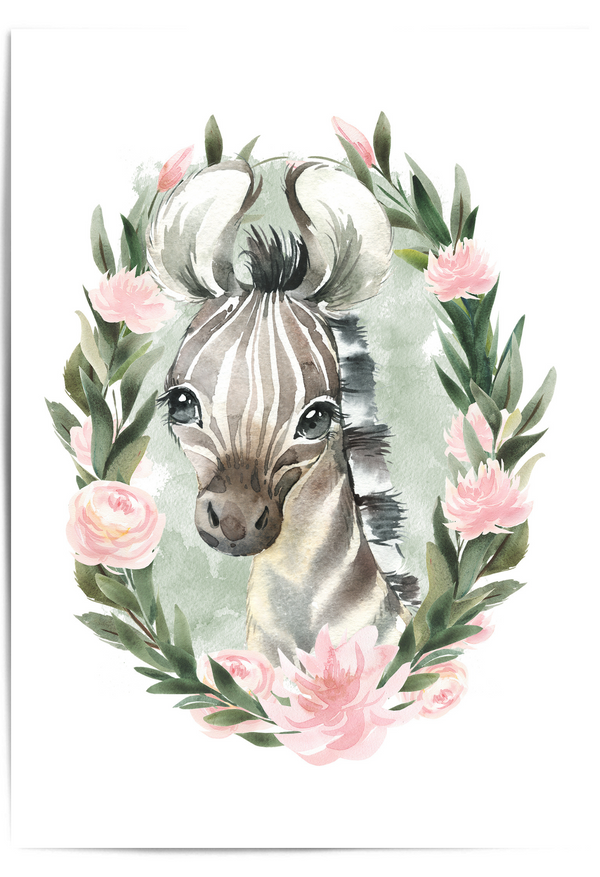 Watercolor nursery wall art featuring a cute zebra surrounded by a pink floral wreath with sage green leaves and background – perfect for baby girl jungle or safari-themed décor
