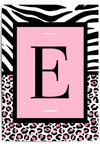 Letter 'E' on a pink background with zebra and leopard print border