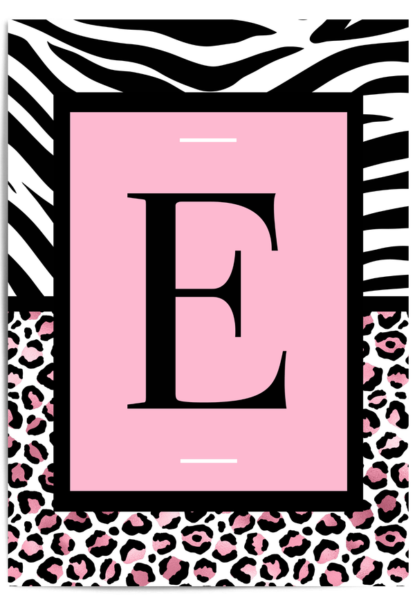 Letter 'E' on a pink background with zebra and leopard print border