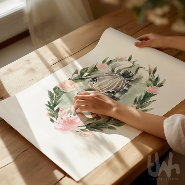 Hands unrolling a sage green zebra nursery print with pink flowers on a wooden table, soft watercolor illustration ideal for a baby girl’s safari room