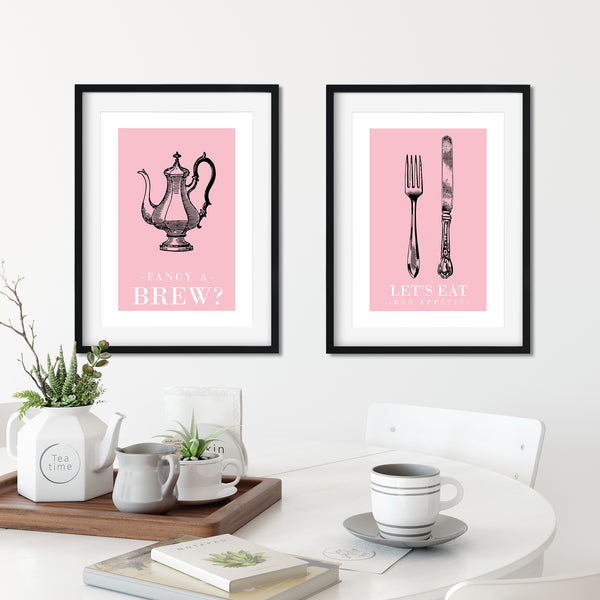 set of 2 pink kitchen prints