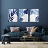 set of 3 blue botanical living room wall art