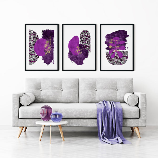 Set of 3 Purple and Gold Wall Art