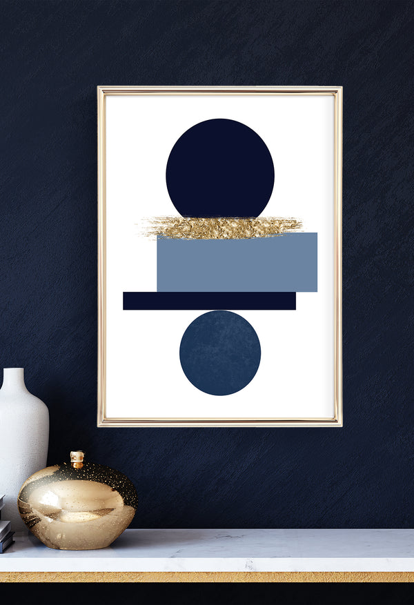geometric circle abstract shape print in blue and gold