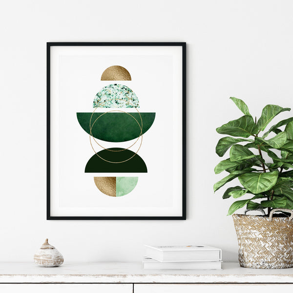 Green & Gold Abstract Wall Art Set of 3 – Modern Geometric Emerald Prints – Contemporary Home Decor