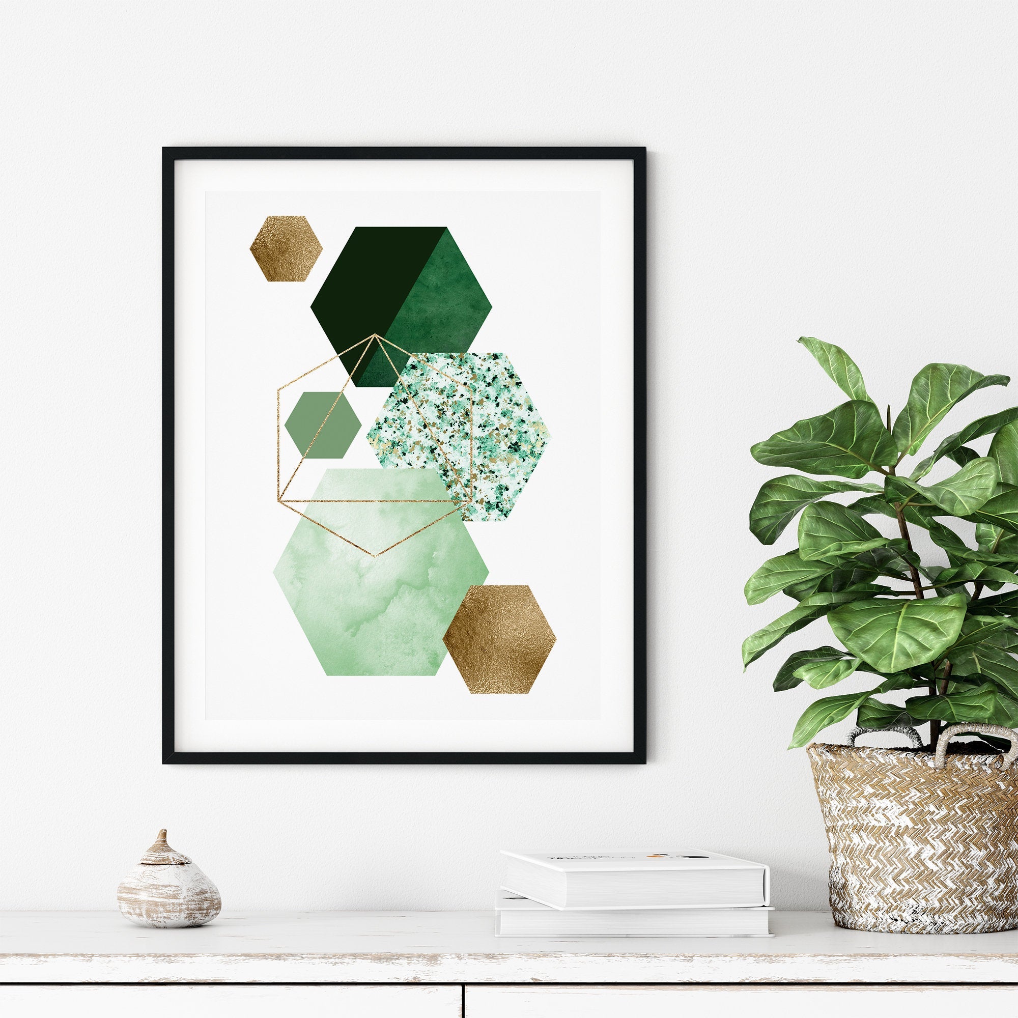 Green & Gold Abstract Wall Art Set of 3 – Modern Geometric Emerald Prints – Contemporary Home Decor