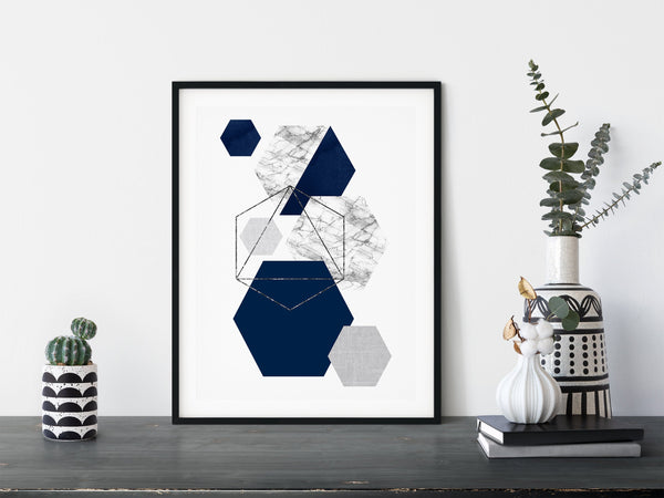 Navy Blue and Grey Geometric Hexagon Wall Art