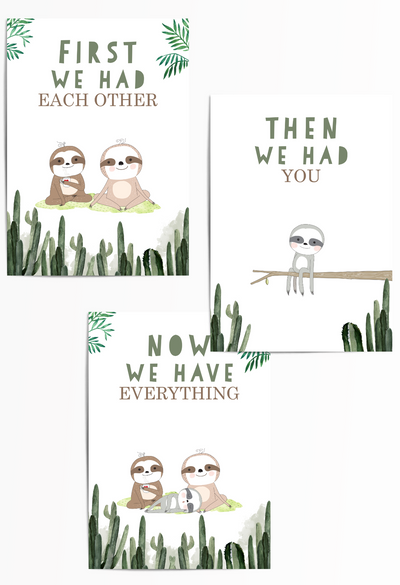 Sloth Family Nursery Wall Art Set – ‘First We Had Each Other’ | Cute Jungle Baby Room Poster Trio