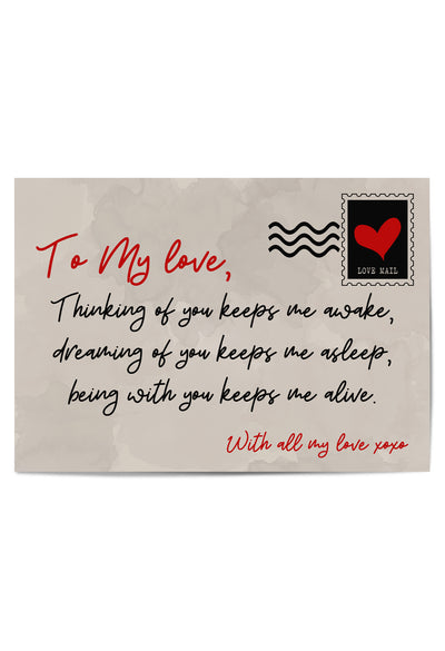 Flat-lay of romantic postcard-style wall art print with quote: 'To My Love – Thinking of you keeps me awake…' in red and black fonts on beige background