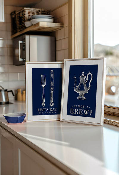 Set of 2 Navy Blue Kitchen Wall Art Prints