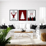 Red and black buffalo plaid Christmas wall art set of 6 displayed above a grey sofa