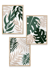oak framed green and beige leaf prints