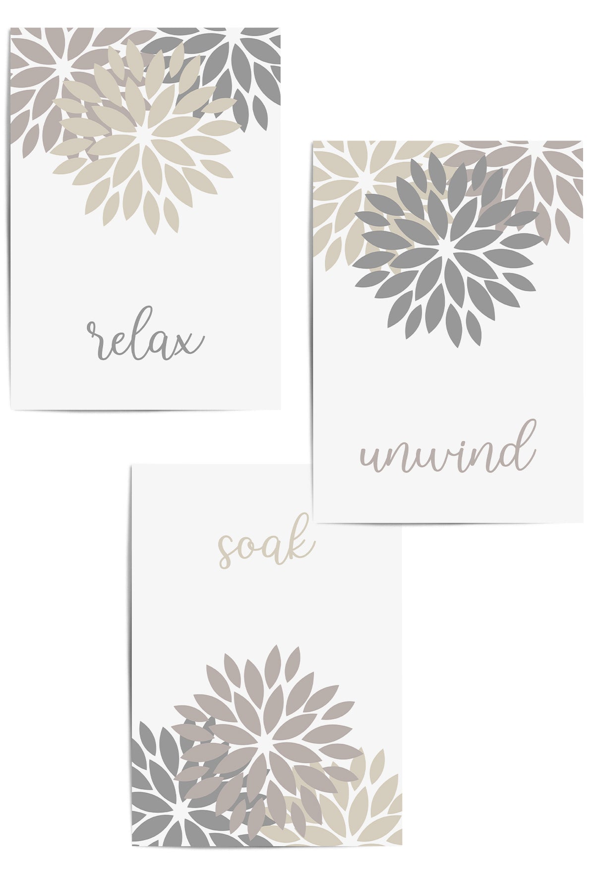 relax soak unwind bathroom wall art set of 3 neutral grey beige prints