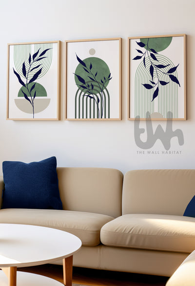 Set of 3 Navy Blue & Sage Green Mid-Century Modern Wall Art Prints – Abstract Botanical Poster Set for Living Room, Bedroom, or Office