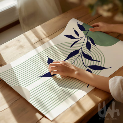 Set of 3 Navy Blue & Sage Green Mid-Century Modern Wall Art Prints – Abstract Botanical Poster Set for Living Room, Bedroom, or Office