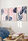 set of 3 pink and blue botanical wall art