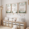 Three framed nursery wall art prints featuring sloth illustrations and phrases ('FIRST WE HAD EACH OTHER', 'THEN WE HAD YOU', 'NOW WE HAVE EACH OTHER') displayed above a wooden storage bench with pillows in a styled nursery room.