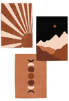 Three minimalist art prints in a warm earth-tone palette, featuring a sunburst, layered mountains under a dark sky, and moon phases, arranged on a white background.