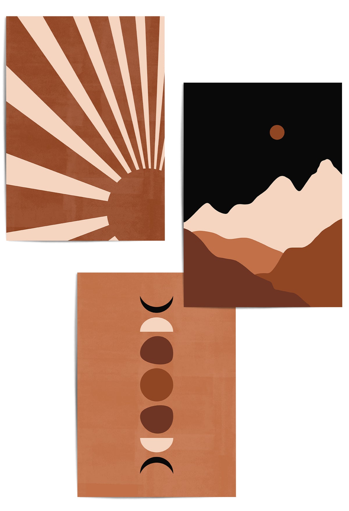 Three minimalist art prints in a warm earth-tone palette, featuring a sunburst, layered mountains under a dark sky, and moon phases, arranged on a white background.