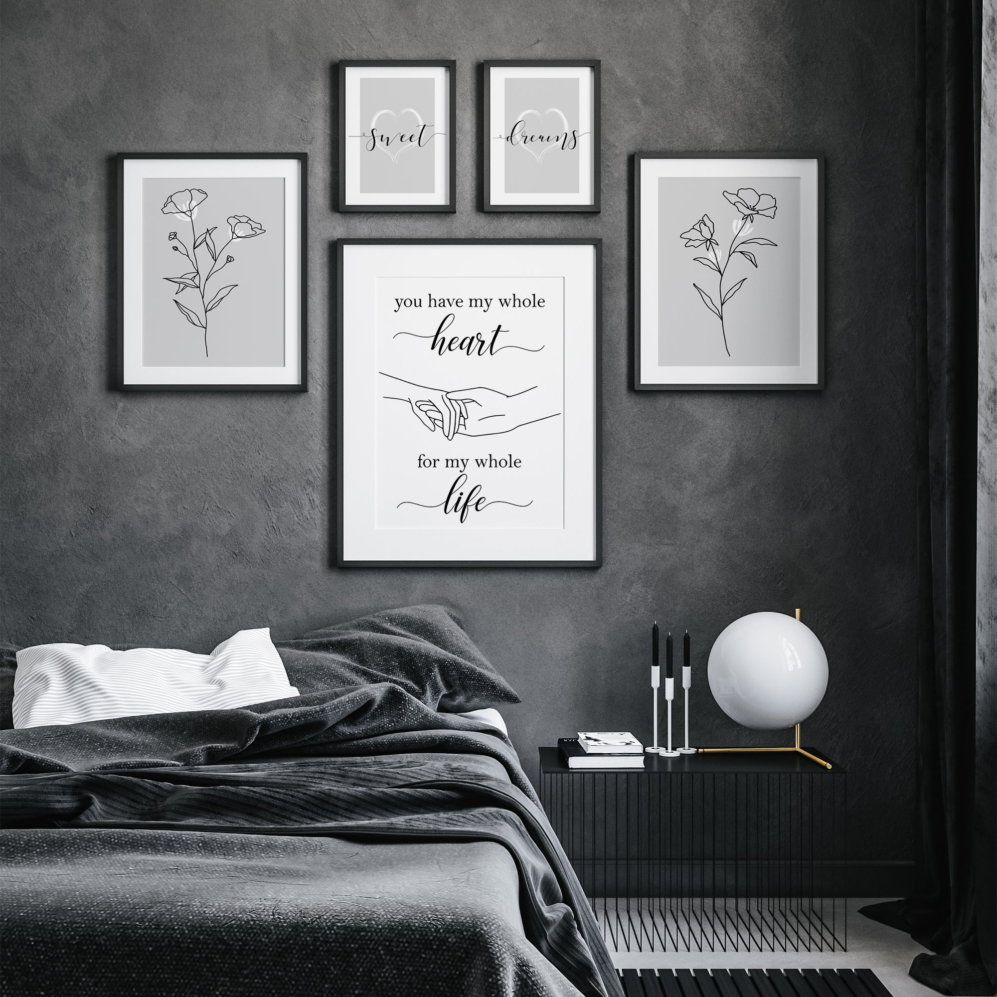 Set of 5 Grey Bedroom Wall Art Prints | Romantic Botanical Printable Set | Digital Download