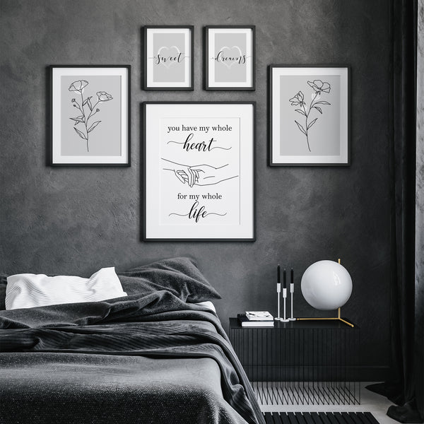Set of 5 Grey Bedroom Wall Art Prints | Romantic Botanical Printable Set | Digital Download