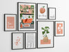 Set of 8 peach and green printable bathroom wall art prints in black frames