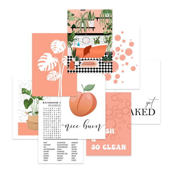 Bathroom wall art set of 8 peach botanical and funny printable designs