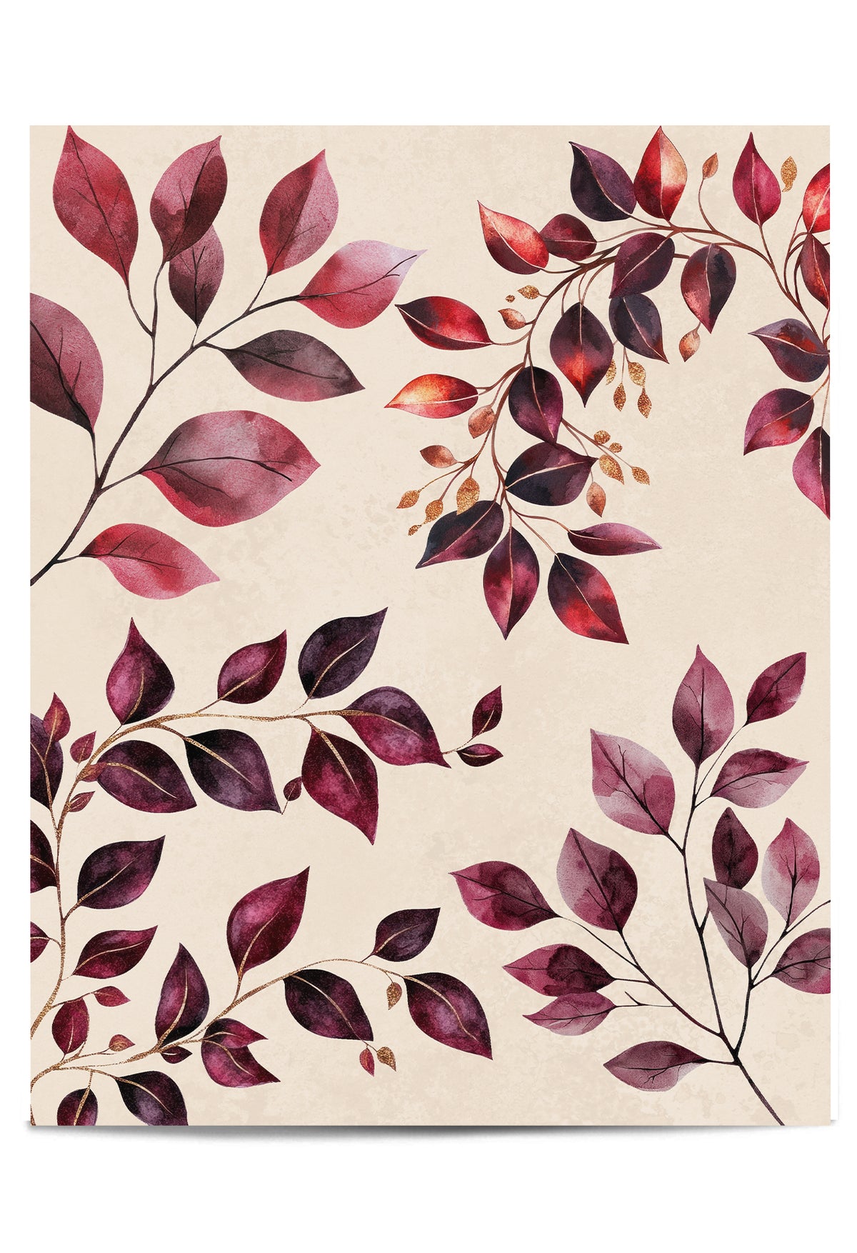 Burgundy botanical wall art featuring watercolour leaves on cream background