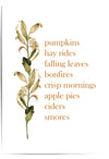 Autumn-themed print with leaves and text on a white background