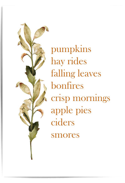 Autumn-themed print with leaves and text on a white background