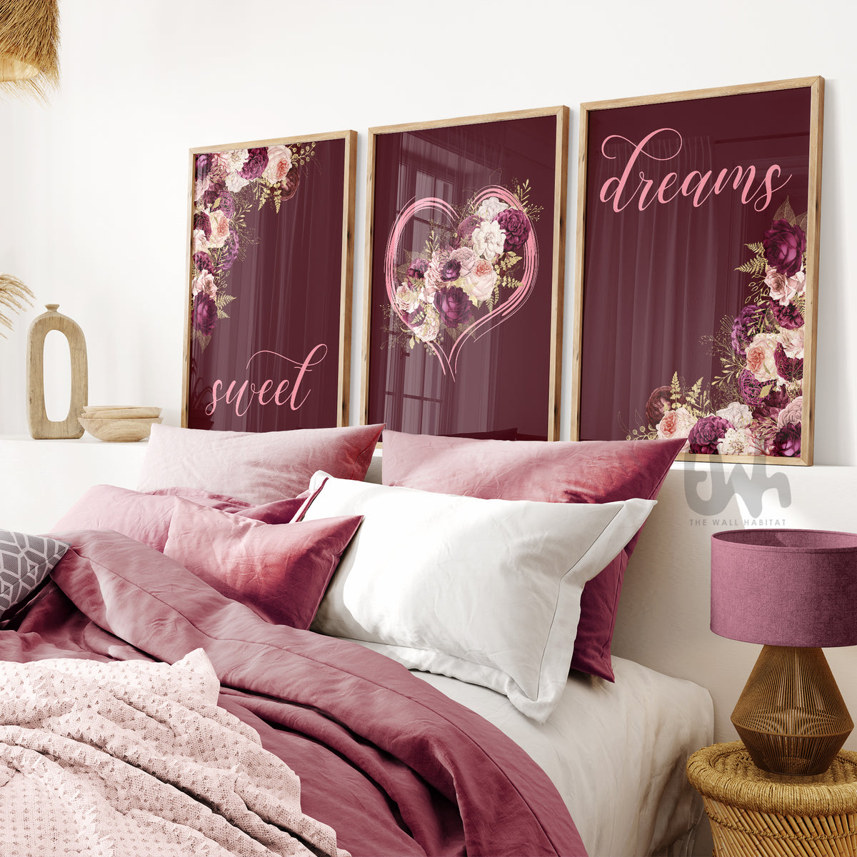 Burgundy Sweet Dreams wall art set displayed above a bed in a romantic bedroom