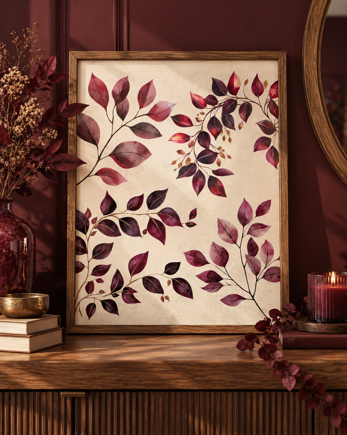 Burgundy watercolour leaf print displayed in natural oak frame
