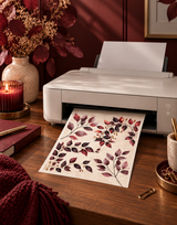 Burgundy botanical digital download artwork emerging from home printer