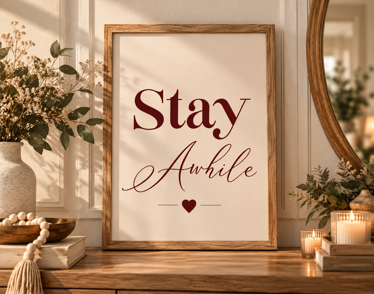 Stay Awhile typography print displayed in natural oak frame