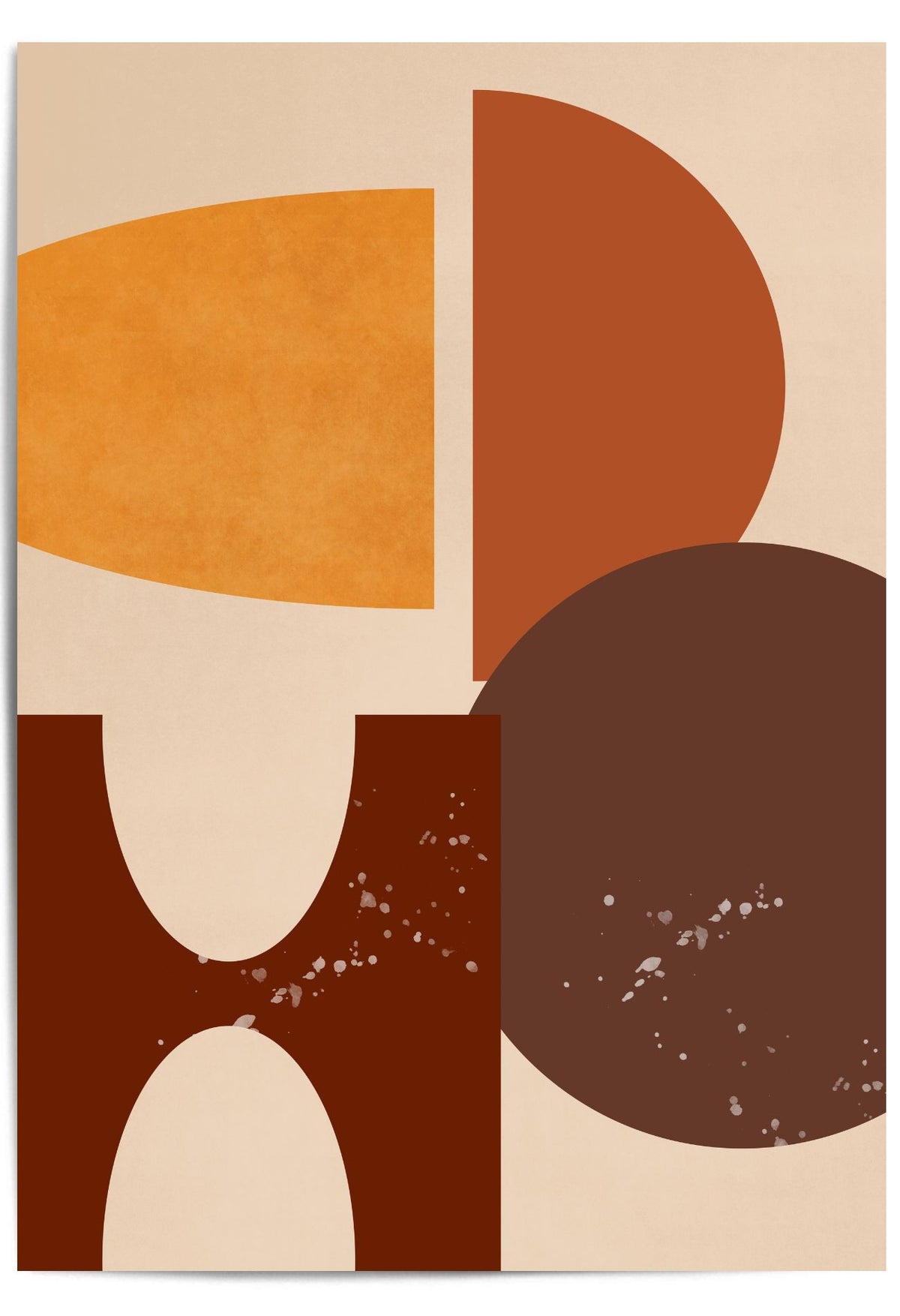 Abstract geometric wall art print featuring overlapping organic shapes in mustard yellow, terracotta, dark brown, and deep chocolate brown on a warm cream background.