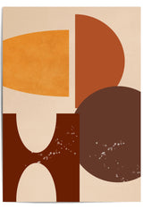 Abstract geometric wall art print featuring overlapping organic shapes in mustard yellow, terracotta, dark brown, and deep chocolate brown on a warm cream background.
