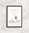 Grey elephant nursery wall art featuring First We Had Each Other family quote in black frame