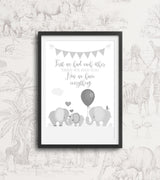 Grey elephant nursery wall art featuring First We Had Each Other family quote in black frame