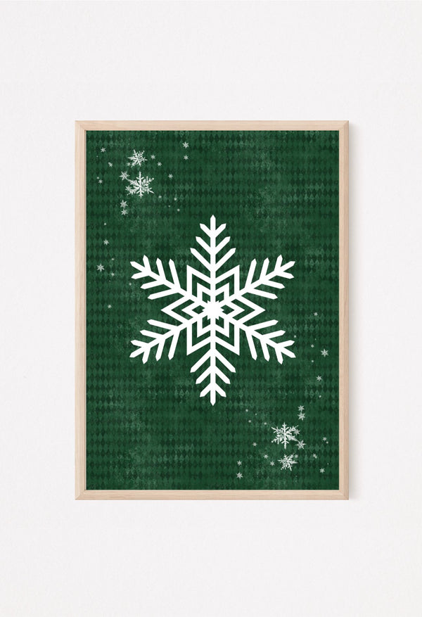 Rustic holiday snowflake artwork in deep green tones