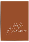 Burnt Orange background with 'Hello Autumn' text in white