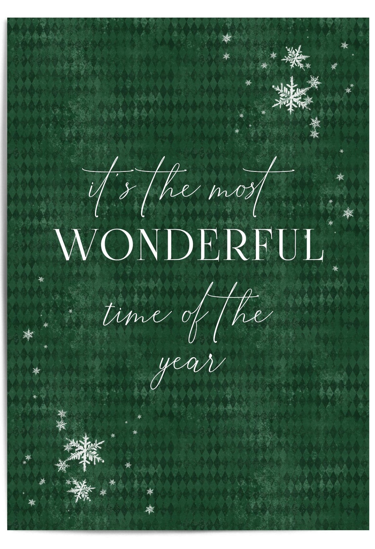 Forest green holiday print with falling snowflakes