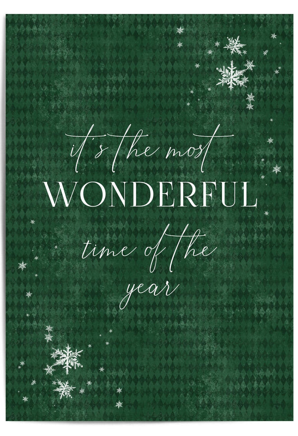 Forest green holiday print with falling snowflakes